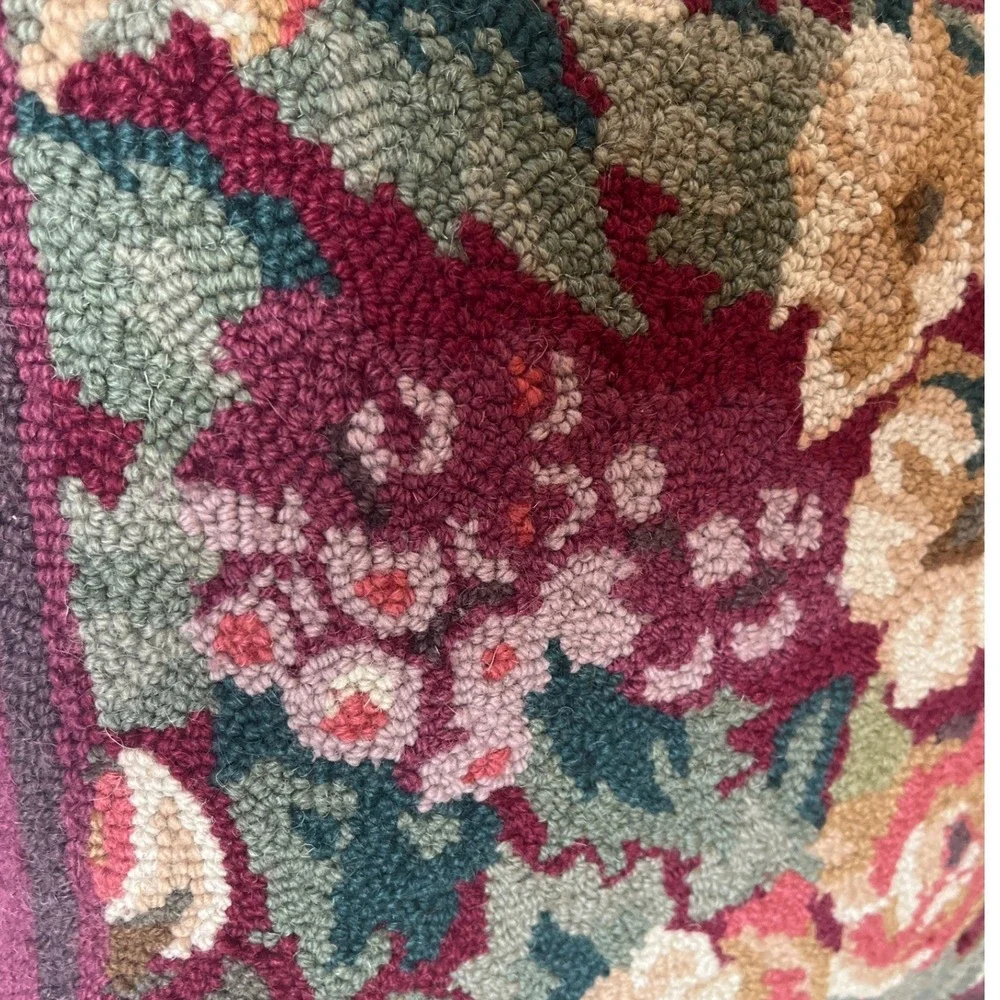 Vintage Hooked Wool Floral Throw Pillow Burgundy Velvet Back 15x15 Square Rose